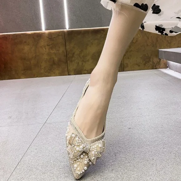 Pearl shoes bridal ballet flats wedding mule pumps pointed embellished bling S 7 - Picture 6 of 10